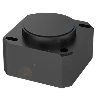 Schwarzes, quadratisches Gehäuse mit abgerundeten Kanten und kreisförmiger Erhebung oben, möglicherweise ein mechanisches Bauteil.
