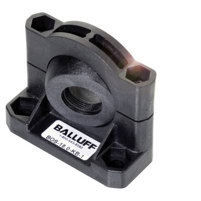 Ein schwarzer, halbrunder Sensorhalter von Balluff, gekennzeichnet mit 'BOS-18,0-KB-1', zeigt eine Öffnung zur Befestigung eines Sensors.