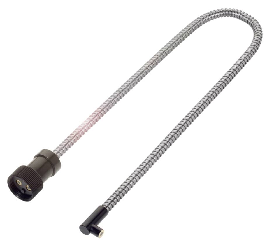 Ein flexibler Metallschlauch mit schwarzem Kunststoffanschluss und Schraubverschluss. Geeignet für verschiedene Anwendungen in der Technik.