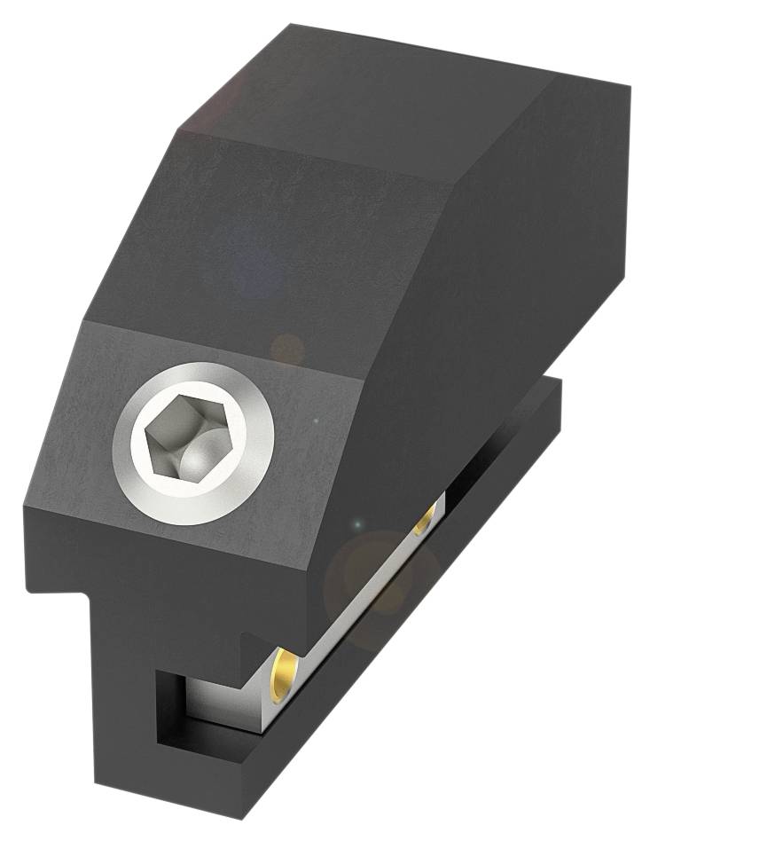 Metallische Klemme mit Sechskantschraube oben, verwendet zur Befestigung von Objekten. Schwarz mit silbernen Akzenten, rechteckige Form.