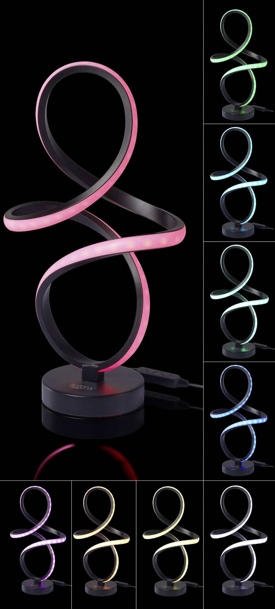 Eine Lampe mit LED, die verschiedene Farben durchläuft: rosa, grün, blau und gelb. Jedes Bild zeigt die Lampe in einer anderen Farbe beleuchtet.