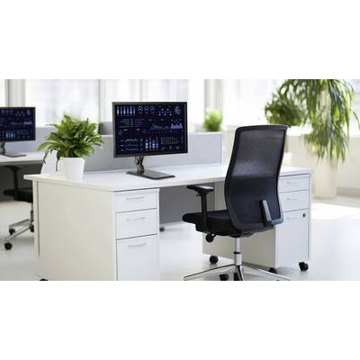 Modernes Büro mit zwei Schreibtischen, auf denen jeweils ein Computer mit Leistungsgrafiken steht. Ein Bürostuhl und Topfpflanzen ergänzen die Einrichtung.