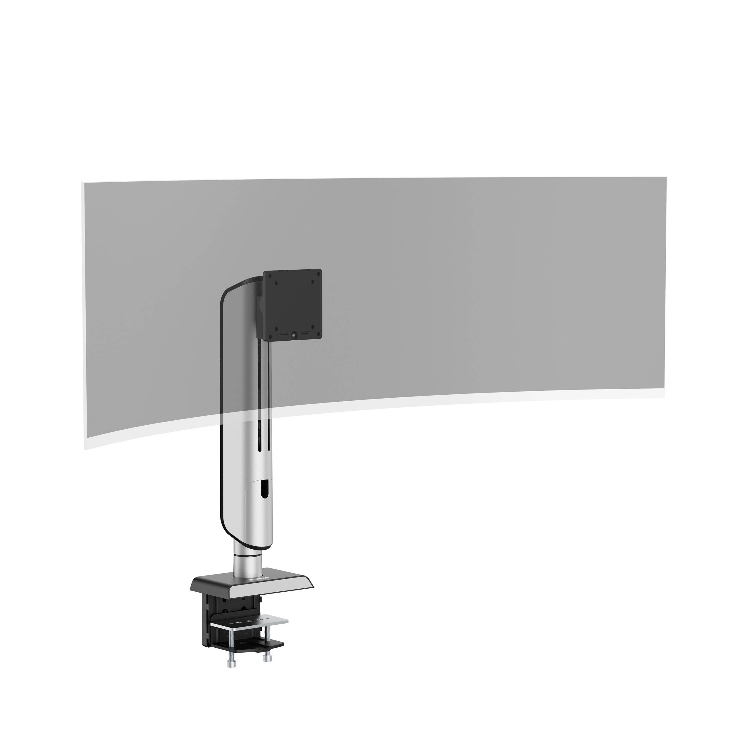 Ein gebogener Monitor auf einem verstellbaren Tischständer mit Neigungs- und Höhenverstellungsmöglichkeiten. Der Ständer ist mit einer Klemmhalterung am Schreibtisch befestigt.