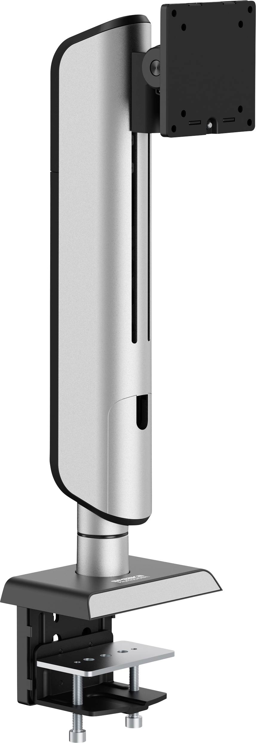 Ein silber-schwarzer, höhenverstellbarer Monitorständer mit Klemmvorrichtung zur Befestigung am Schreibtisch, konzipiert für die Montage eines Computerbildschirms.