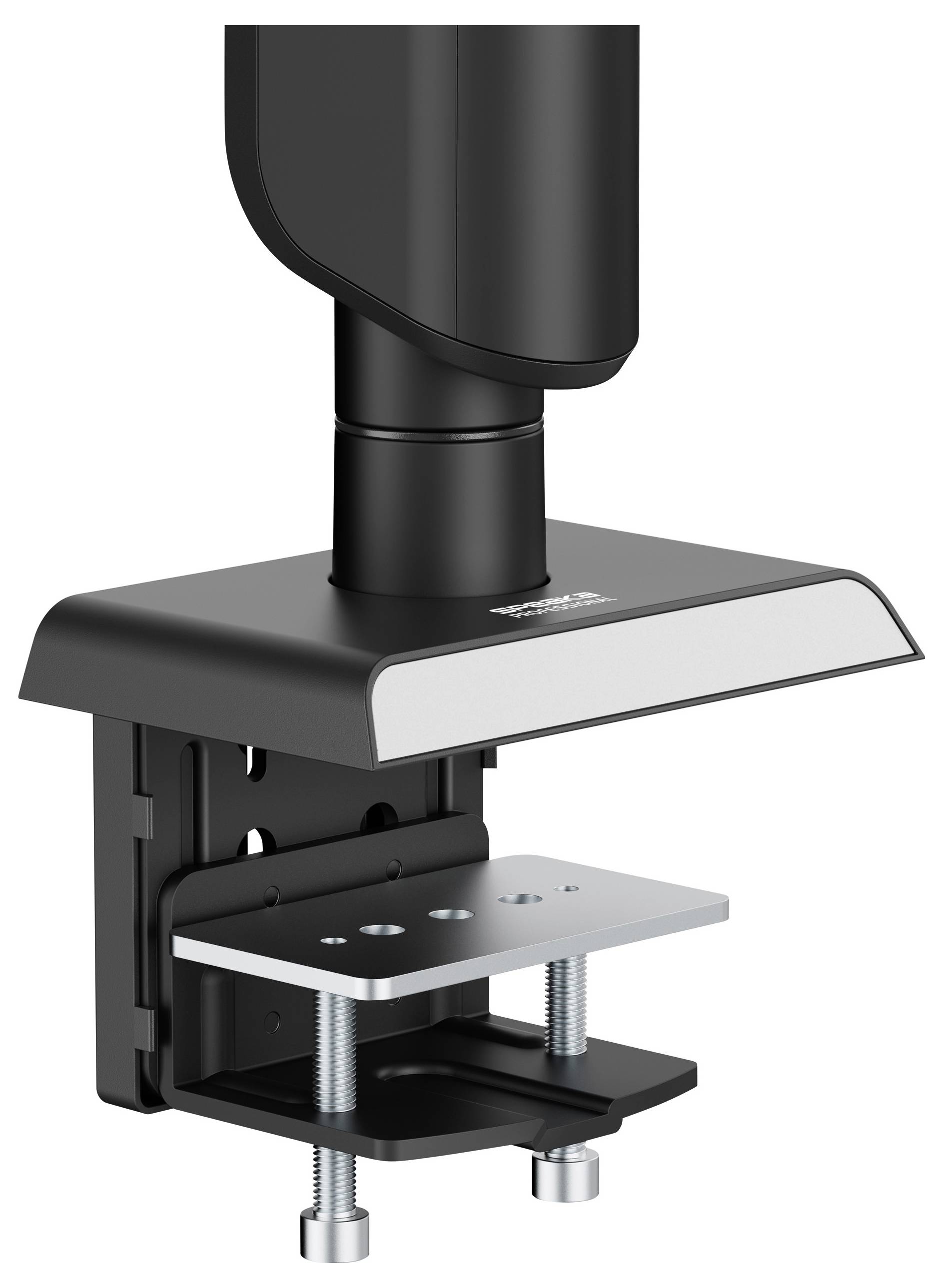 Eine schwarze Monitorarmklemme, entwickelt für die Befestigung am Schreibtisch, mit robuster Metallkonstruktion und verstellbaren Schrauben für eine sichere Befestigung.