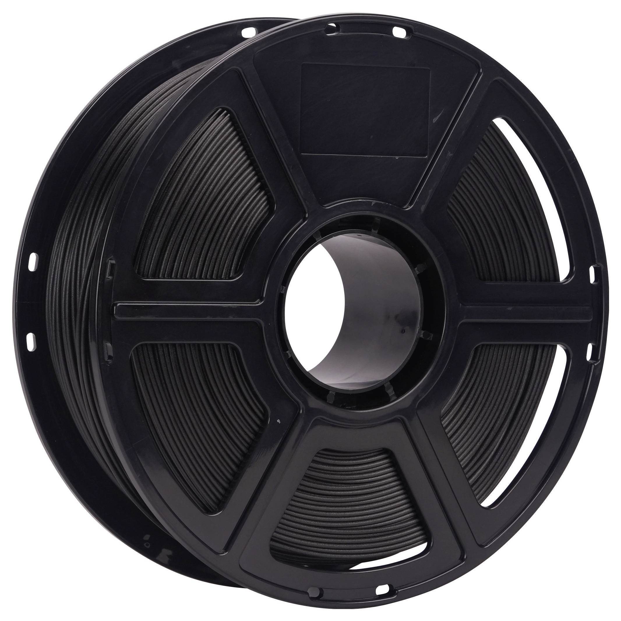 Eine Spule schwarzes 3D-Druckerfilament, ordentlich aufgewickelt, geeignet für 3D-Druckprojekte.