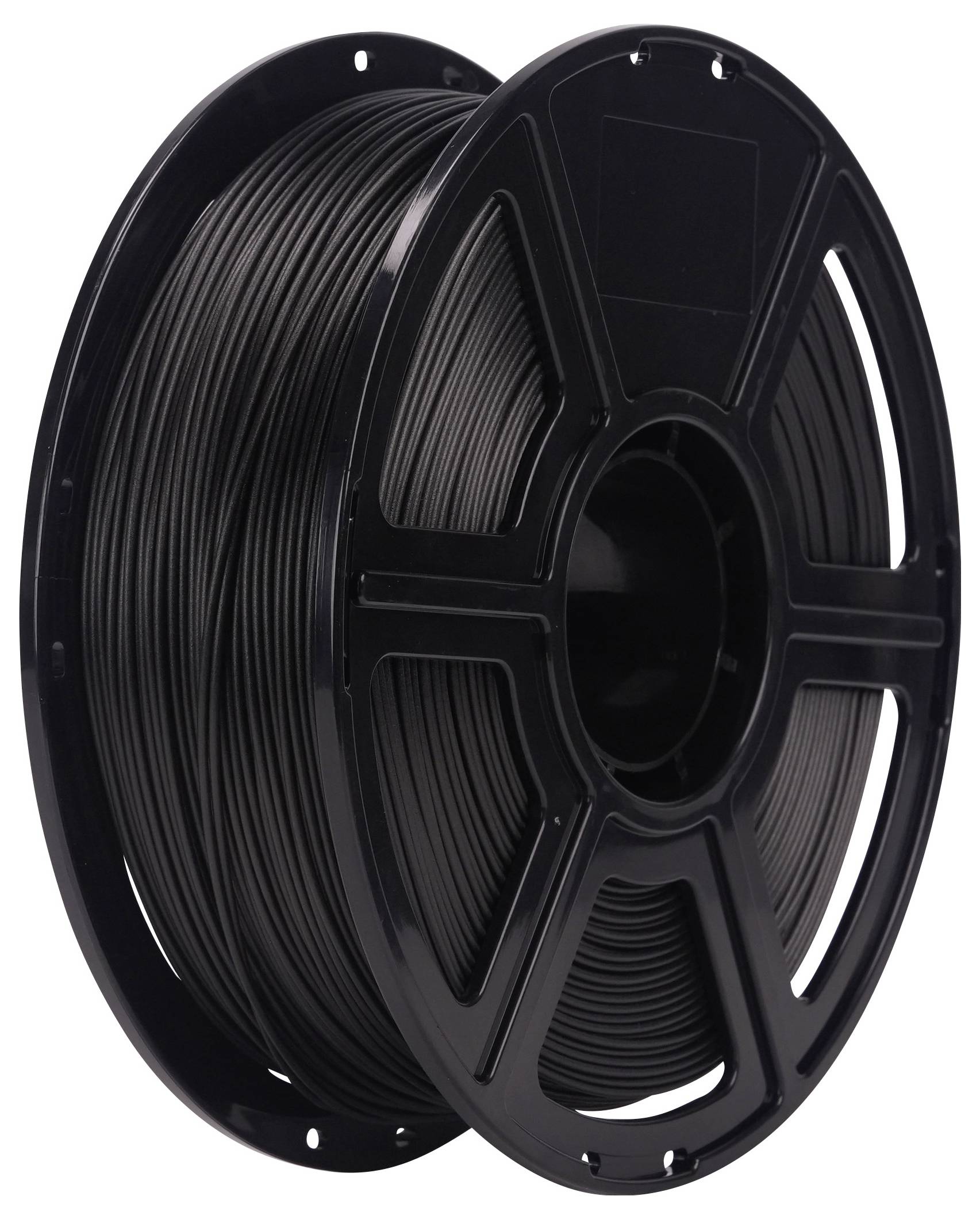 Eine Spule schwarzen 3D-Druckerfilaments, verwendet zum Erstellen von Objekten mit einem 3D-Drucker. Die Spule ist zylindrisch mit einem zentralen Loch.