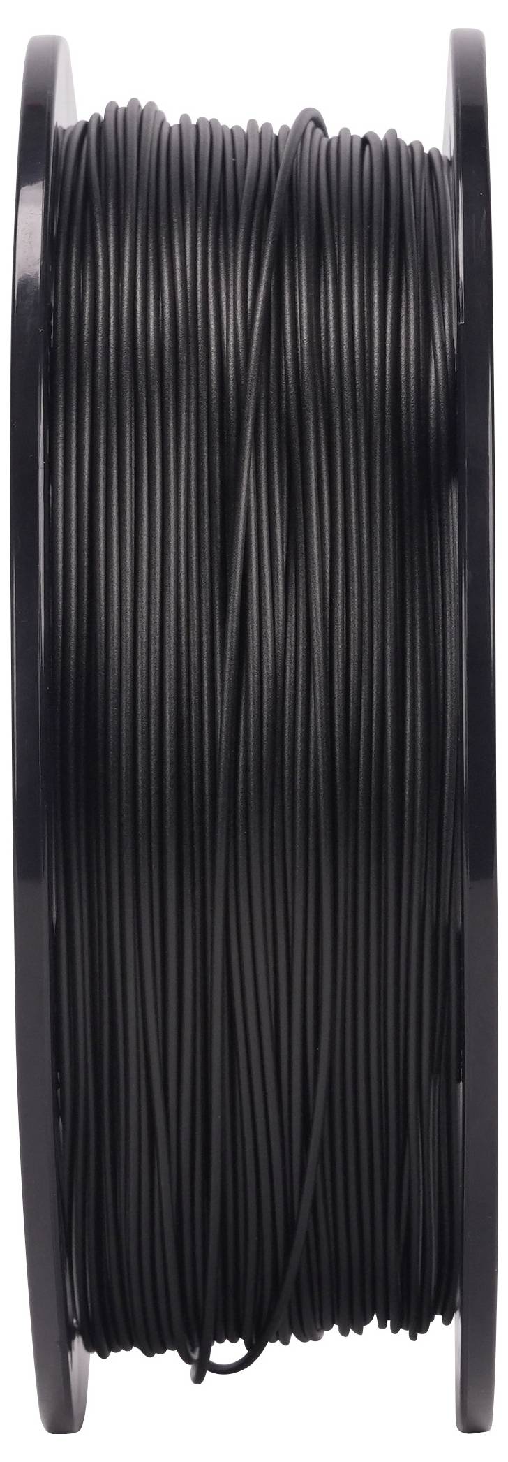 Eine Spule schwarzen Filaments, ordentlich aufgewickelt, für 3D-Druckzwecke verwendet.