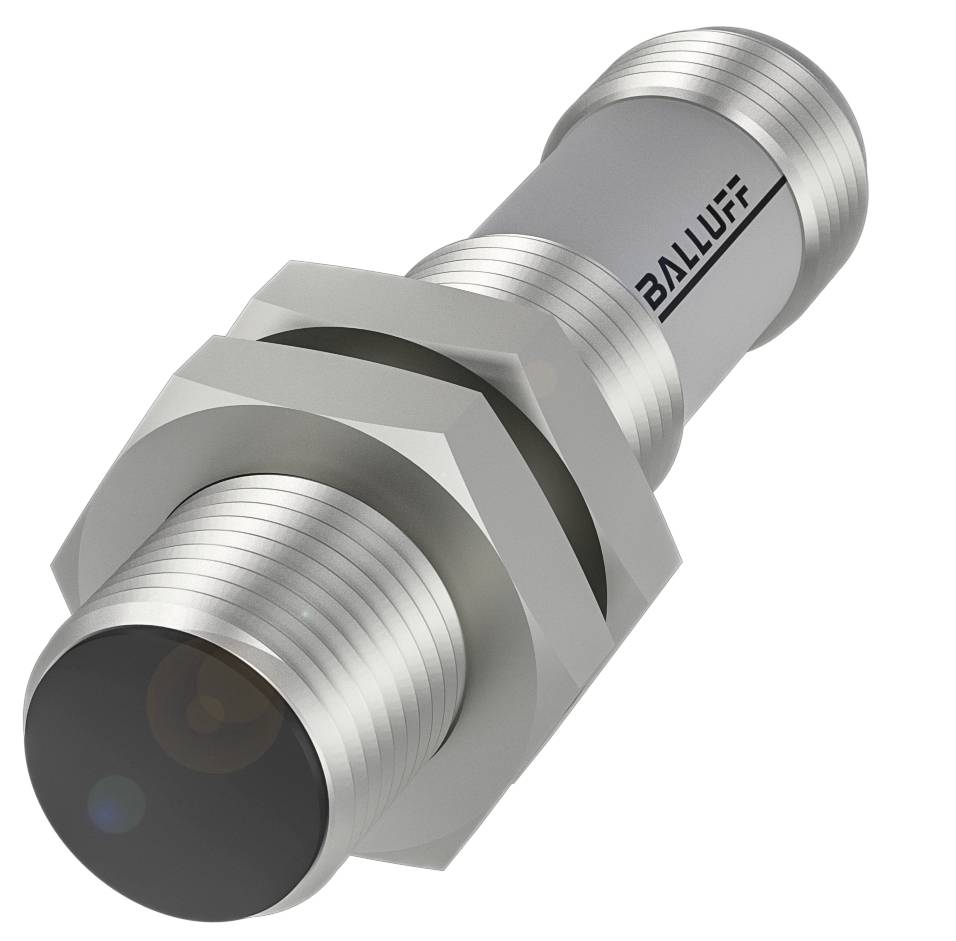 Ein zylindrischer, metallischer Näherungssensor mit Gewinde, etikettiert mit 'BALLUFF', geeignet zur Erkennung von Metallobjekten.