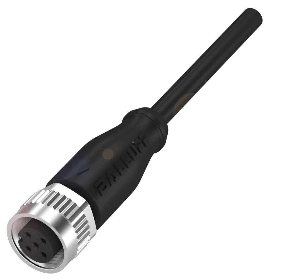 M8-Steckverbinder mit schwarzem Kabel und silbernem Schraubverschluss. Geeignet für elektronische Verbindungen in Maschinen.