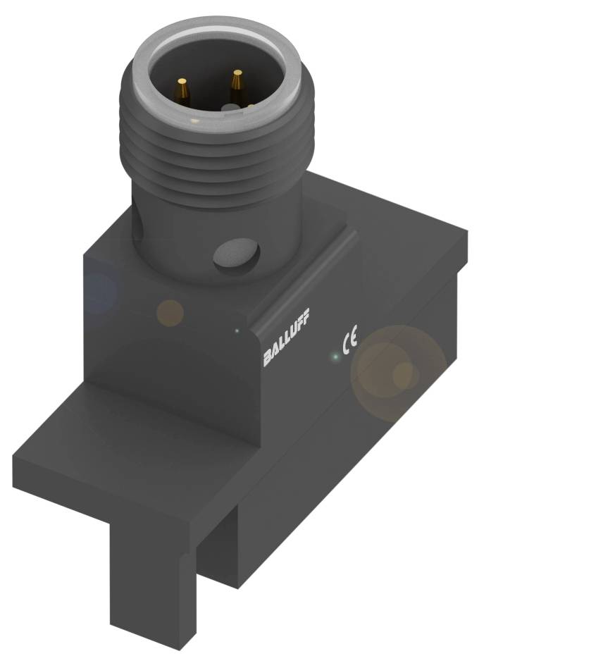 Ein schwarzer elektrischer Steckverbinder mit drei goldenen Pins, Logo und CE-Zeichen auf der Oberfläche.