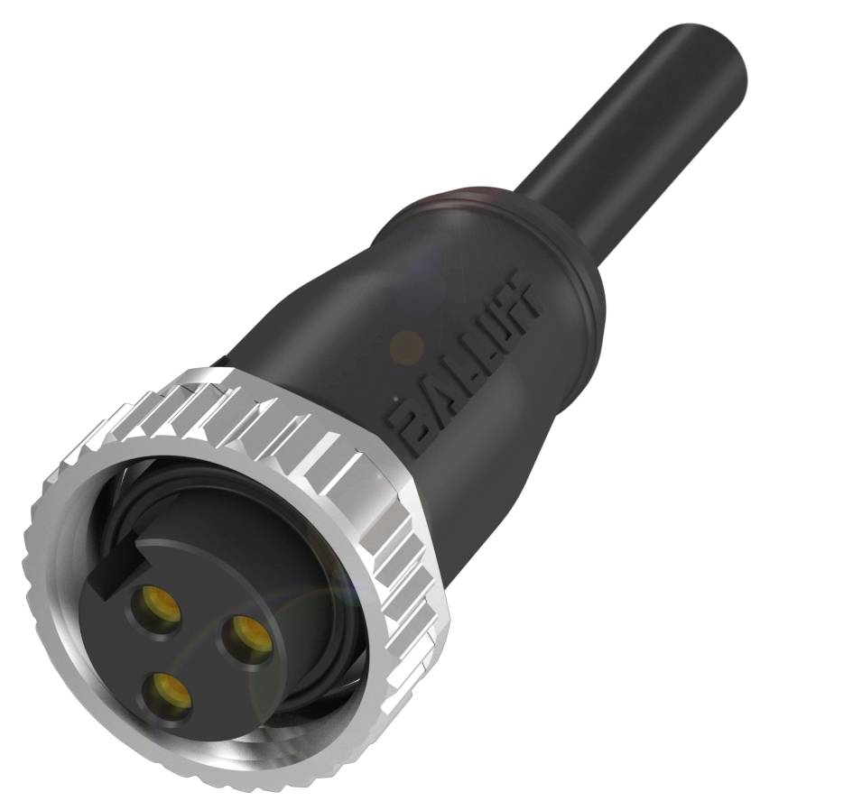 Ein schwarz-silberner, zylindrischer Stecker mit drei goldenen Kontakten. Er hat ein geriffeltes Ende für einfachen Halt.