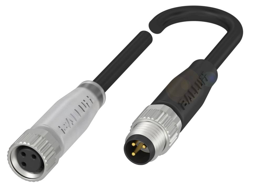 'M12-Steckverbinder: links Buchse mit drei Öffnungen, rechts Stecker mit drei Pins, verbunden durch ein schwarzes Kabel.'