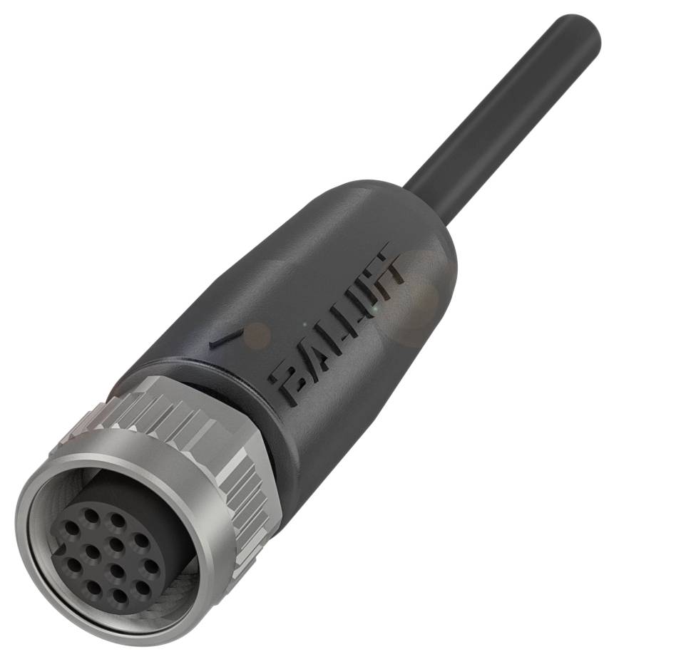Ein schwarzer, runder Stecker mit mehreren Kontaktstellen und einem metallischen Gewinde. Kabel ist an einem Ende angeschlossen.