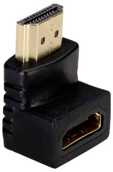 Ein schwarzer HDMI-Winkeladapter, der einen HDMI-Stecker auf eine HDMI-Buchse umleitet. Geeignet, um Kabel in engen Räumen zu verbinden.