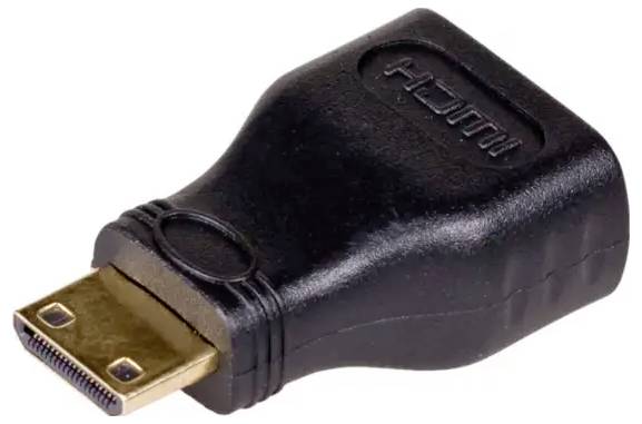 Ein schwarzer HDMI-Adapter mit einem männlichen HDMI-Stecker und einer weiblichen Buchse, zur Verbindung von HDMI-Kabeln.
