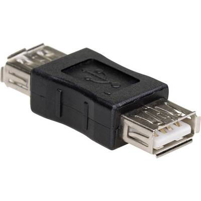 Ein schwarzer USB-Adapter mit zwei USB-A-Buchsen. Er wandelt USB-Anschlüsse um und ermöglicht die Verbindung zwischen zwei USB-Kabeln.