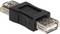 Ein schwarzer USB-Adapter mit zwei USB-A-Buchsen. Er wandelt USB-Anschlüsse um und ermöglicht die Verbindung zwischen zwei USB-Kabeln.
