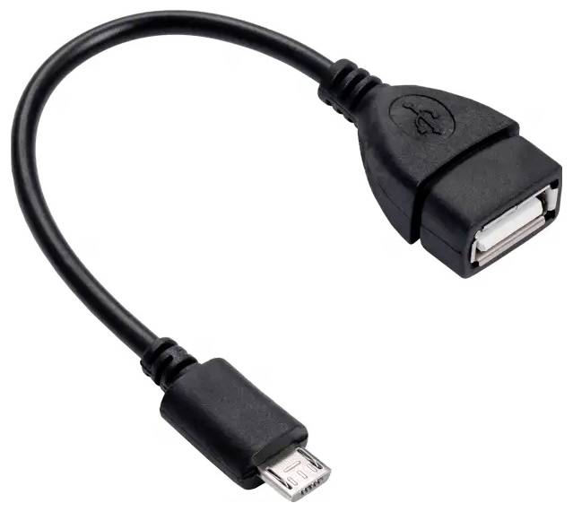 'Schwarzes USB-OTG-Kabel mit Micro-USB und USB-A-Anschluss, geeignet für den Anschluss von USB-Geräten an Mobiltelefone oder Tablets.'