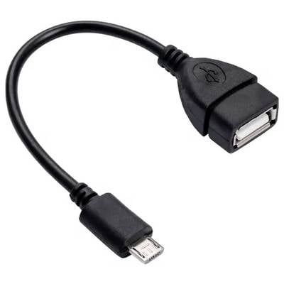 'Schwarzes USB-OTG-Kabel mit Micro-USB und USB-A-Anschluss, geeignet für den Anschluss von USB-Geräten an Mobiltelefone oder Tablets.'