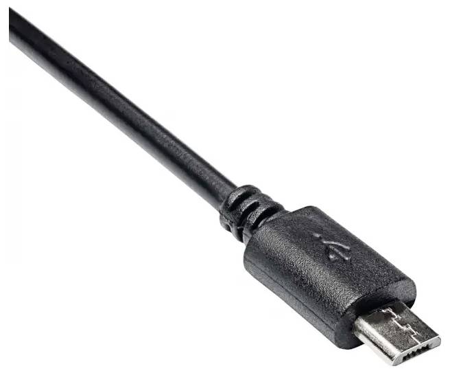 Ein schwarzes Micro-USB-Kabel vor weißem Hintergrund. Das Kabel zeigt den Anschlussstecker in Nahaufnahme.