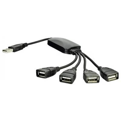 USB-Hub mit einem Stecker und vier Buchsen, geeignet zum Anschluss mehrerer Geräte an einen Computer.