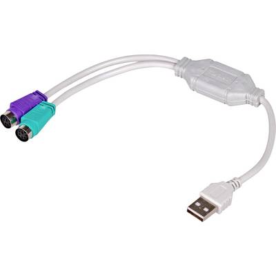 Ein USB-Adapterkabel mit zwei PS/2-Anschlüssen, einem grünen für die Maus und einem violetten für die Tastatur, gezeigt auf weißem Hintergrund.