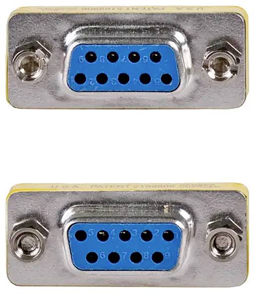 Zwei blaue D-Sub-Steckverbinder mit Metallgehäuse, einer oben und einer unten, mit jeweils fünf sichtbaren Pins in zwei Reihen.