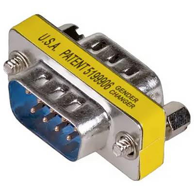 Metalladapter mit gelbem Streifen, Aufschrift 'U.S.A. Patent 5199906, Gender Changer'. Verbindet DB-9-Stecker und -Buchse.