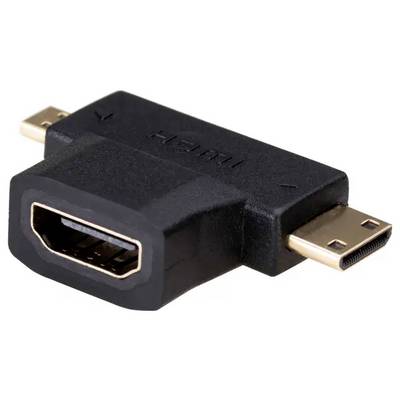 Schwarzer HDMI-Adapter mit einem Standard-HDMI-Anschluss auf einer Seite und zwei Micro-HDMI-Anschlüssen auf der anderen Seite.