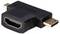 Schwarzer HDMI-Adapter mit einem Standard-HDMI-Anschluss auf einer Seite und zwei Micro-HDMI-Anschlüssen auf der anderen Seite.