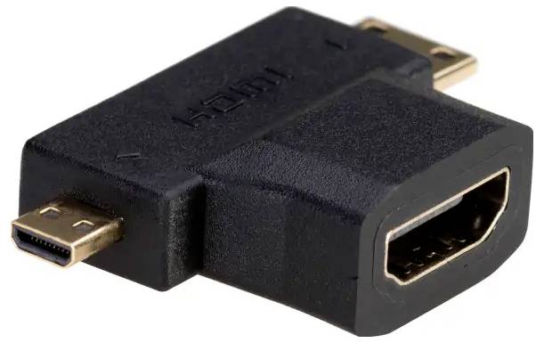 Ein schwarzer HDMI-Adapter mit einem Micro-HDMI-Stecker und einem Standard-HDMI-Anschluss, zur Verbindung von Geräten mit unterschiedlichen HDMI-Ports.