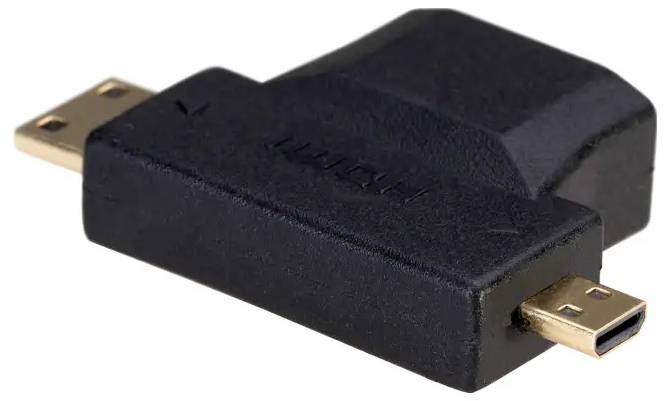 Schwarzer HDMI-Adapter mit zwei verschiedenen Anschlussgrößen. Einer ist HDMI, der andere Micro-HDMI. Hauptsächlich für audiovisuelle Verbindungen.