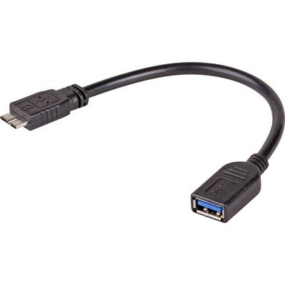 'USB-Adapterkabel: Micro-USB-Anschluss links, USB 3.0-Anschluss rechts. Schwarzes Kabel, gebogene Form. Geeignet für Datenübertragung.'