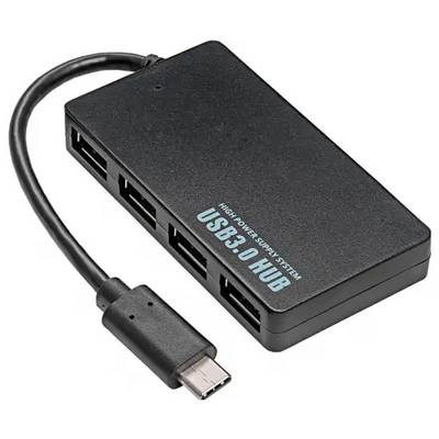 Schwarzer USB 3.0 Hub mit fünf Anschlüssen und kurzem Kabel, geeignet zum Anschließen mehrerer USB-Geräte an einen Computer.