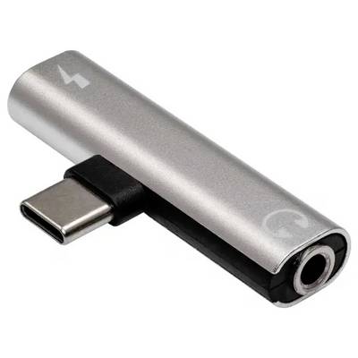 Metallener USB-C-Adapter mit Kopfhöreranschluss und Blitzsymbol, bietet Anschlussmöglichkeiten für Audio-Geräte.