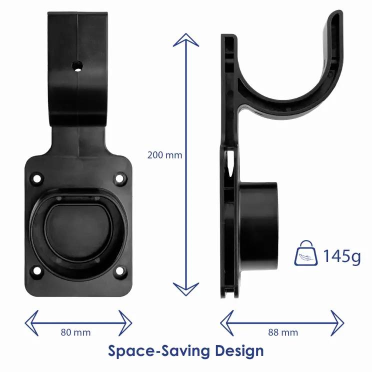 Schwarzer Wandhalter für Geräte, zeigt vordere und seitliche Ansicht mit Maßen: Höhe 200 mm, Breite 80 mm, Tiefe 88 mm, Gewicht 145 g.