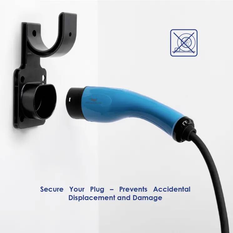 Steckhalterung an der Wand neben einem blauen Ladestecker. Text im Bild: 'Secure Your Plug – Prevents Accidental Displacement and Damage'.