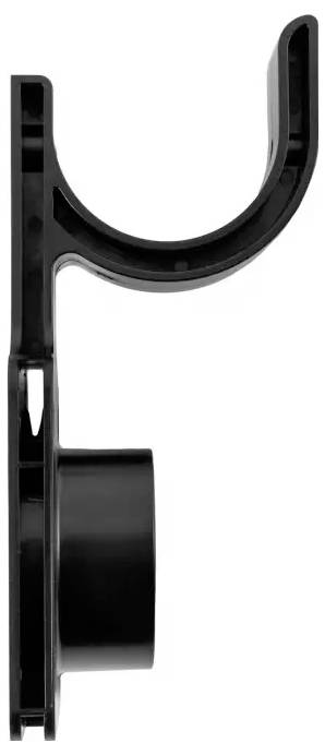 Schwarze, L-förmige Halterung mit kreisförmiger Aussparung, Seitenansicht. предназначен для монтажа устройств an einer Oberfläche.
