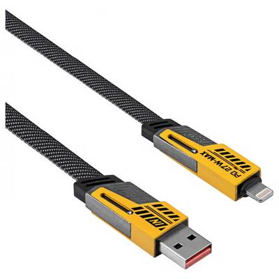Ein gelbes USB-Ladekabel mit USB-A- und Lightning-Stecker, ummantelt mit schwarzem Gewebe, passend für Apple-Geräte.