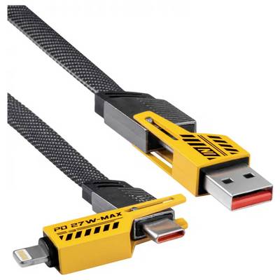 USB-Kabel mit gelbem Stecker, gekennzeichnet mit 'PD 27W-MAX'. Einer hat einen USB-A-Anschluss, der andere einen USB-C-Anschluss.