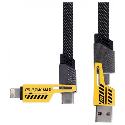 Ein USB-Ladekabel mit gelben Steckern, beschriftet mit 'PD 27W-MAX'. Der eine Stecker ist USB-C, der andere Lightning.