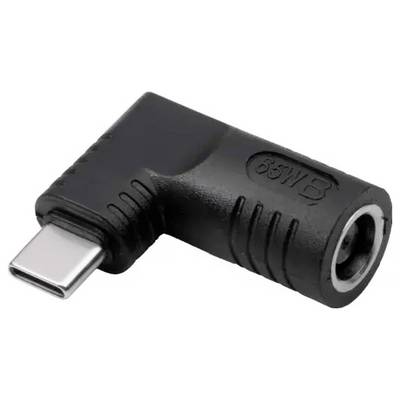 Ein rechtwinkliger USB-C-Adapter mit schwarzem Gehäuse, beschriftet mit '65 W'. Eignet sich zum Anpassen von Anschlüssen bei Ladegeräten.