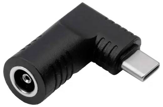 'Schwarzer Adapter mit rechtwinkliger Form, USB-C-Stecker auf DC-Buchse, hauptsächlich für Lade- oder Verbindungslösungen.'