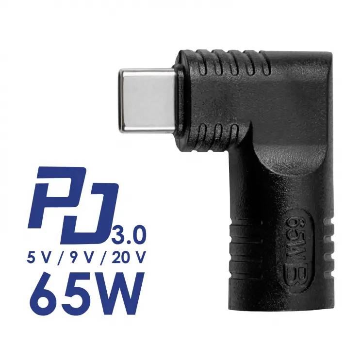 Ein 65 W USB-C-Stecker mit 90-Grad-Winkel und den Spannungsspezifikationen 5 V, 9 V, 20 V. Text: 'PD 3.0, 65W'.