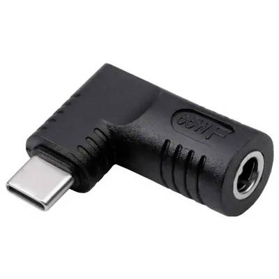 Ein schwarzer 90-Grad-Adapter von USB-C zu 3,5-mm-Klinke. Der Adapter ist kompakt und ermöglicht das Anschließen von Audiogeräten an USB-C-Anschlüsse.
