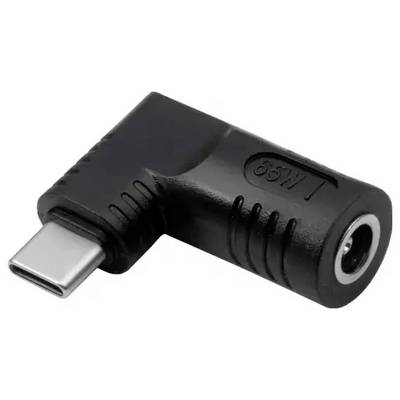Ein schwarzer 65W USB-C-Winkeladapter. Er ermöglicht eine rechteckige Verbindung zwischen zwei kompatiblen Geräten.