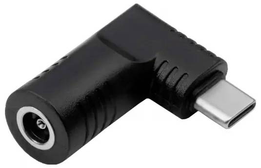 'Schwarzer Adapter: rechteckiger Stecker für USB-C-Anschluss an einer Seite, 3,5-mm-Kopfhörerbuchse auf der anderen Seite.'