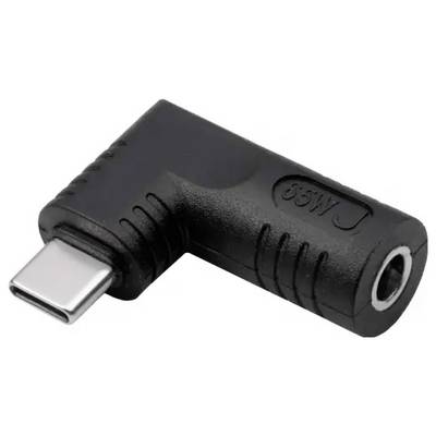Ein schwarzer L-förmiger Adapter mit USB-C-Stecker auf der einen Seite und 3,5-mm-Kopfhörerbuchse auf der anderen Seite.