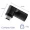 Ein schwarzer USB-C Winkeladapter mit den Maßen 34 mm x 28 mm und einem Gewicht von ca. 10 g. Text 'Compact Size'.